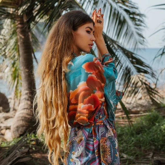 🌸 ROBE MOON SKY KIMONO DUSTER LONG MAXI KAFTAN BREATHE BOHEMIAN BOHO CHIC TEAL - Picture 2 of 12